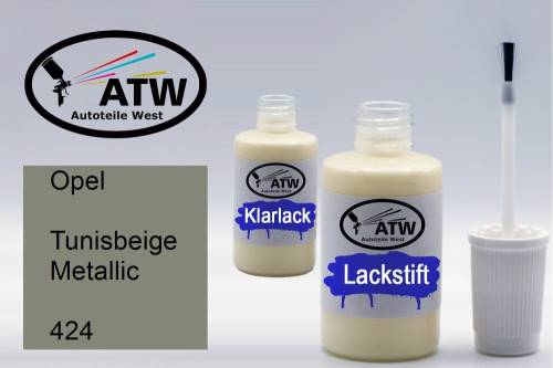 Opel, Tunisbeige Metallic, 424: 20ml Lackstift + 20ml Klarlack - Set, von ATW Autoteile West.